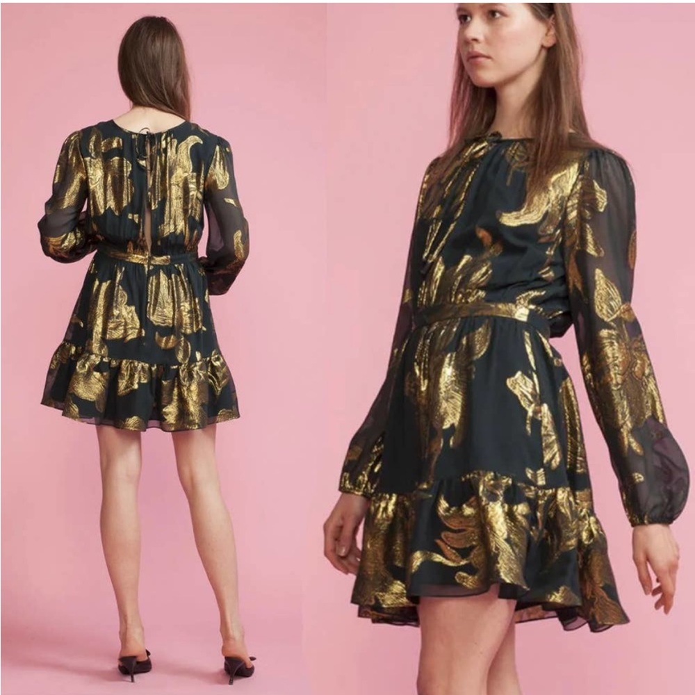 CYNTHIA ROWLEY Forest Green + Metallic Gold Silk Floral Flounce Dress US 8 $378